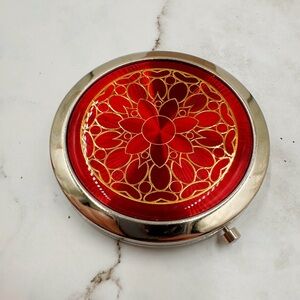 Vintage Red Gold Foil Silvertone Pocket Mirror Compact